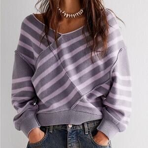 We The Free Gray Purple Crossroads Free People Pullover Off-the-Shoulder Sweater